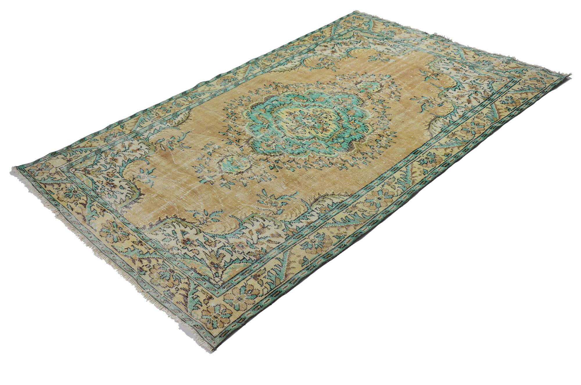 Vintage Turkish Carpet Floral Medallion Beige Green 280 x 166 cm