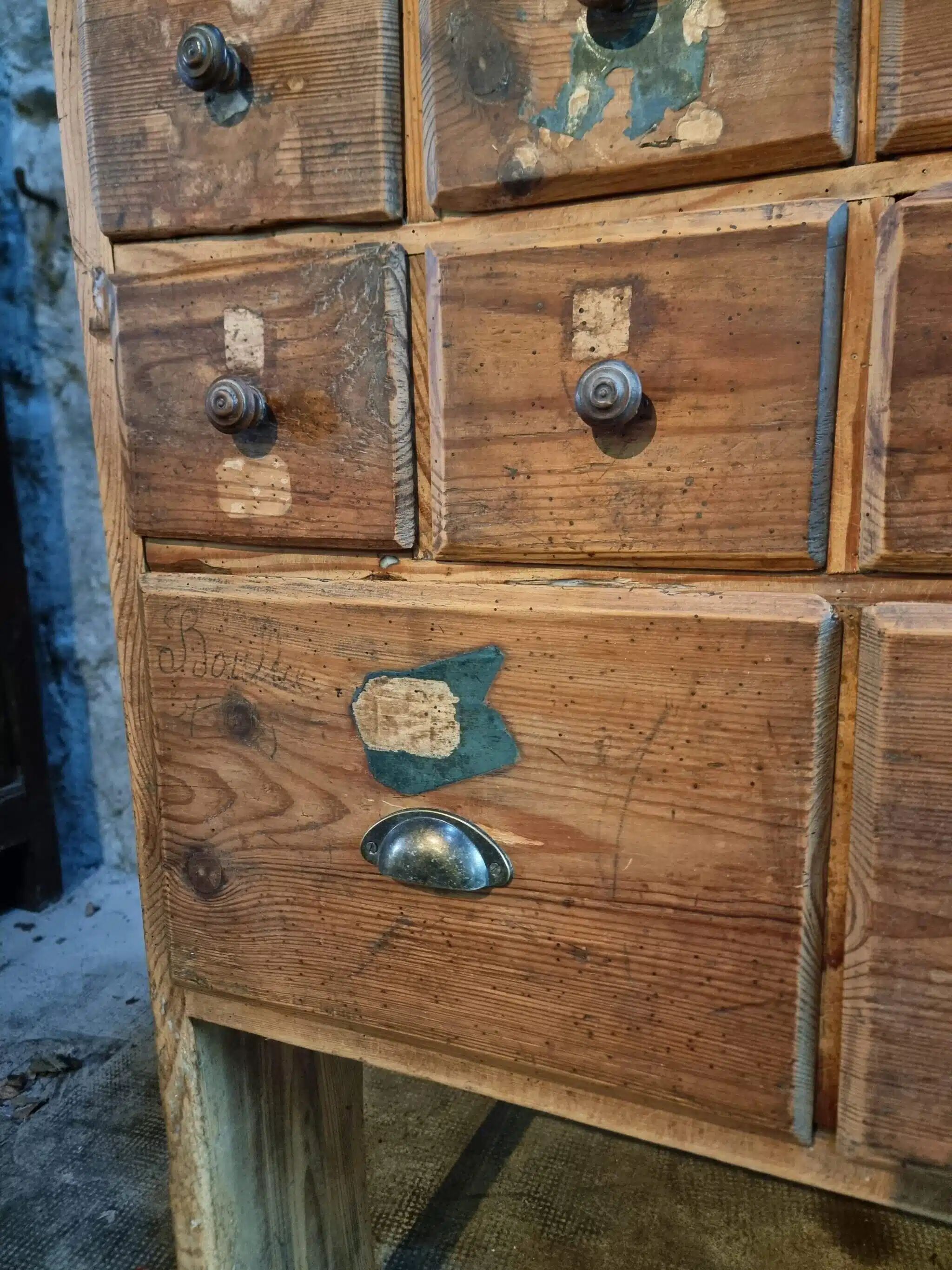 Antique pine drawer cabinet with 50 drawers, apothecary or hardware, 19th century