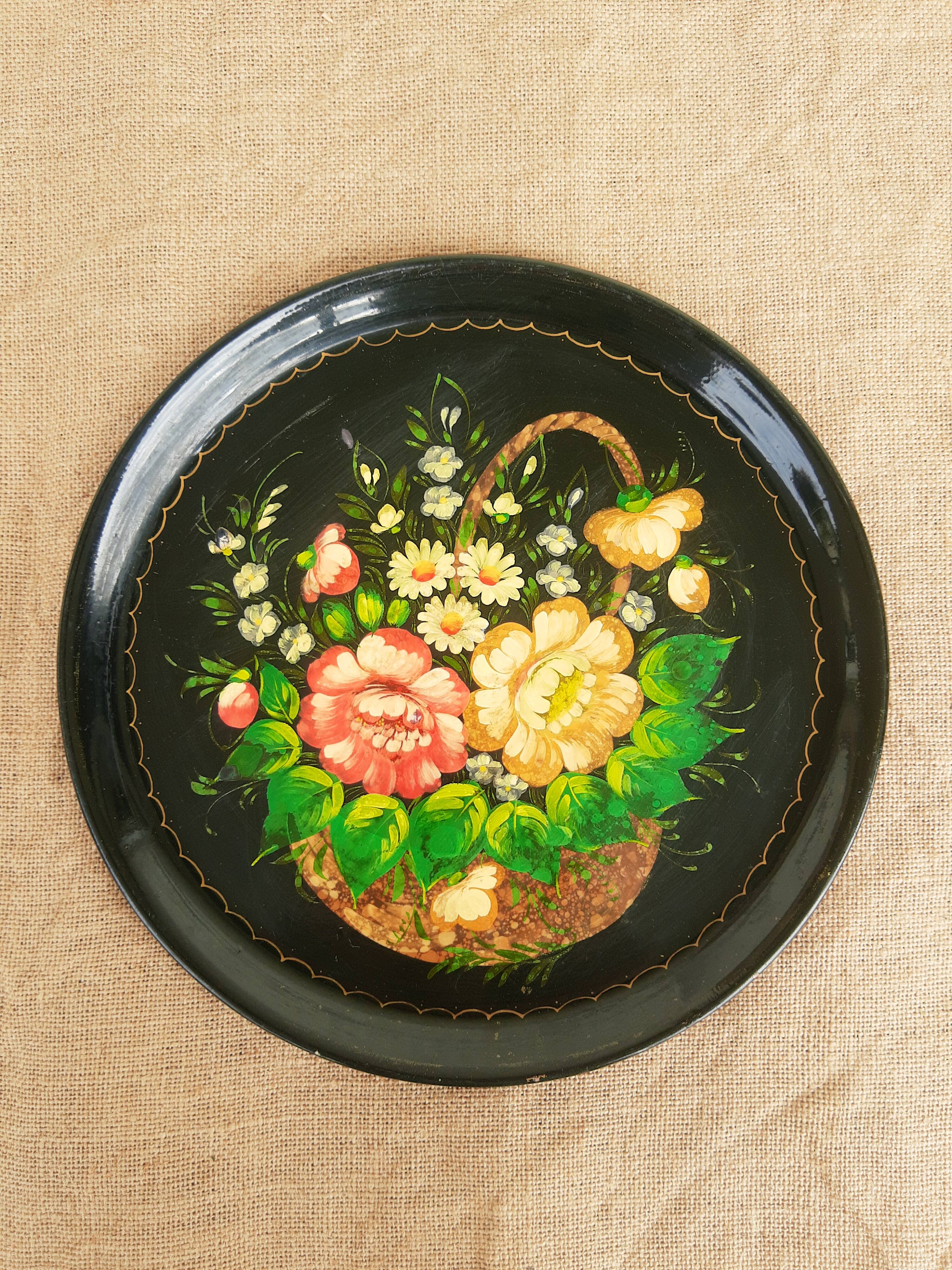 Black metal round top and vintage hand-painted flowers