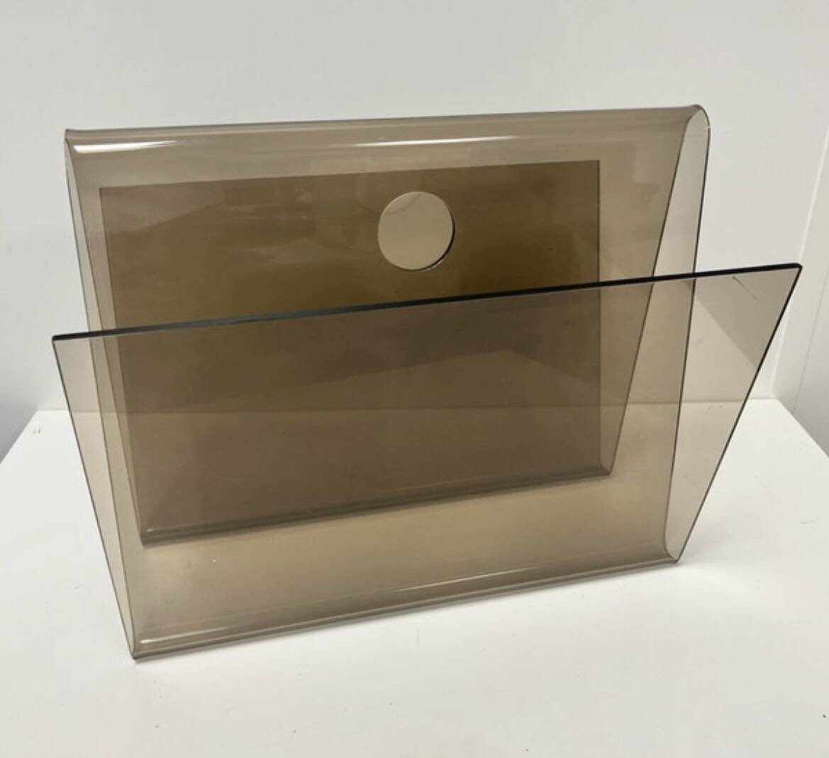 Smoked plexiglass magazine rack in the style of Michel Dumas, France, 1970s.