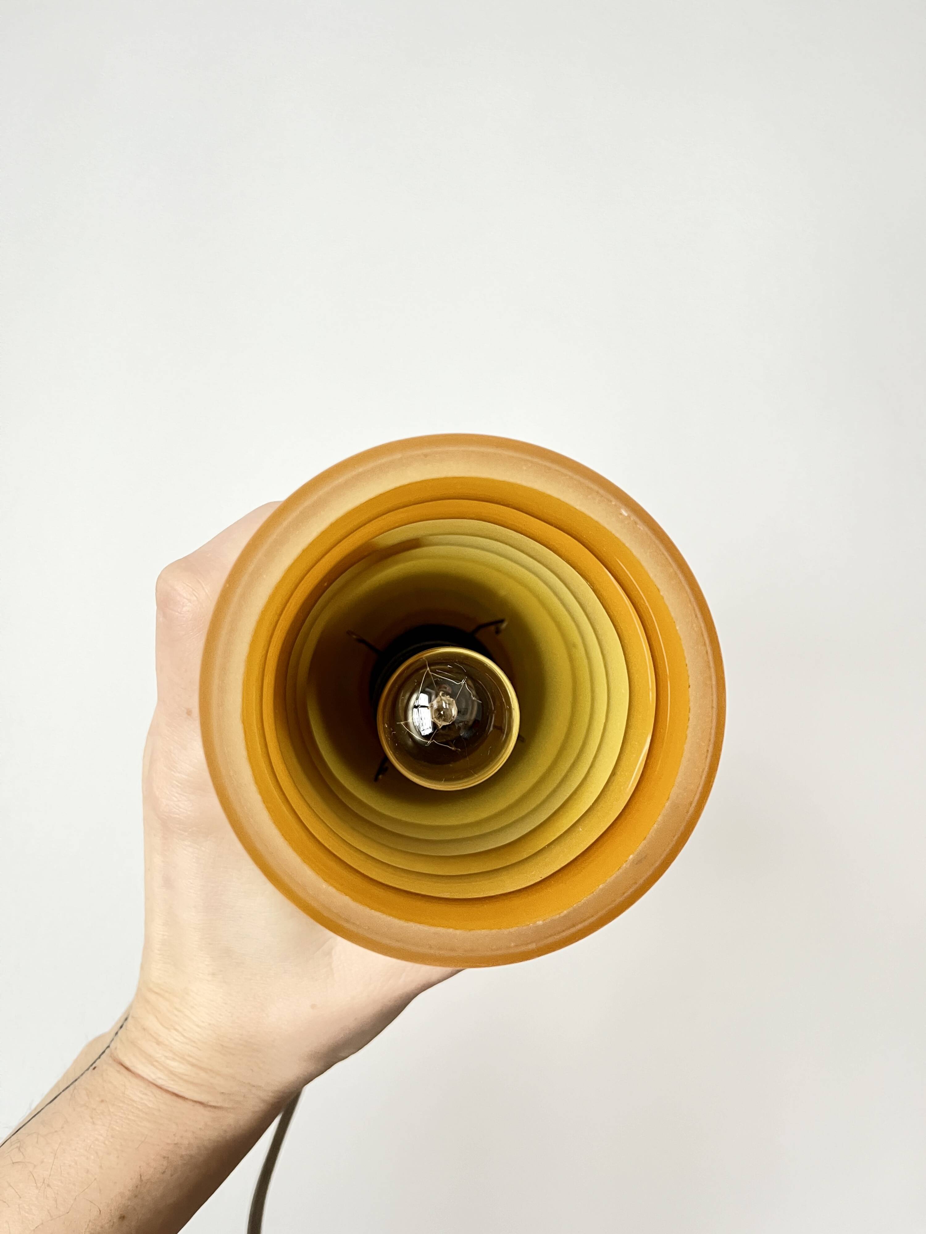 Vintage Bedside Lamp Wood Base & Yellow Orange Glass, VEB Lighting, GDR