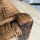 Stool in carved wood and rope from the 70s