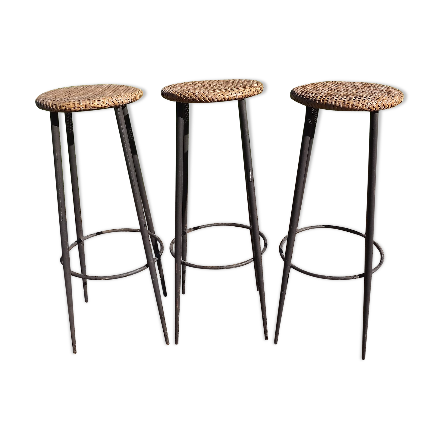 3 vintage stools iron and caning