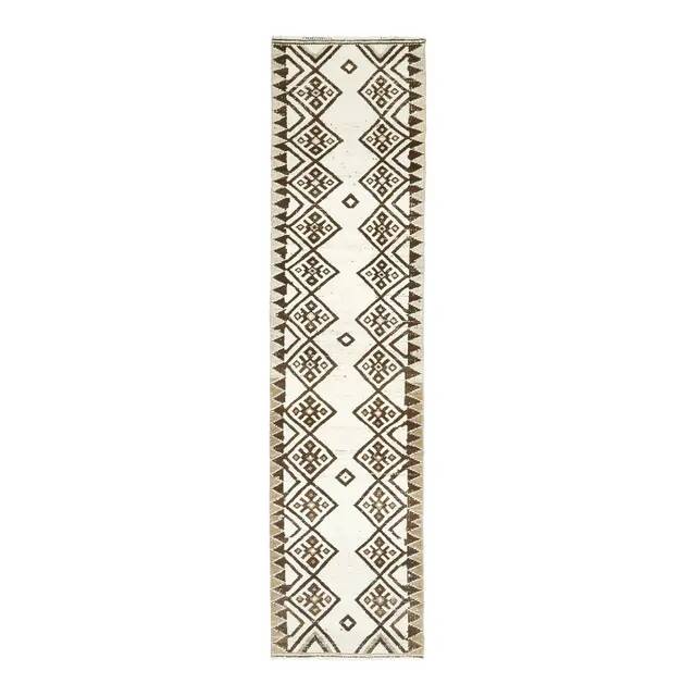 1970s Turkish Hand-Knotted Wool Cotton Beige Runner Rug  81x339