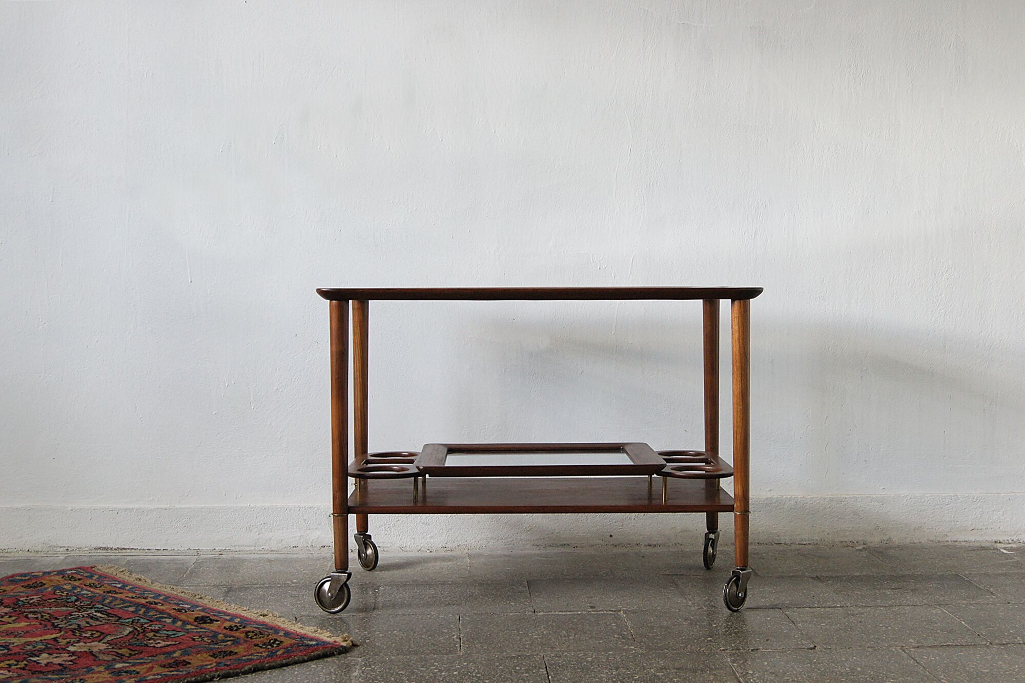 Italian Modern Mahogany Bar Cart with Serving Tray