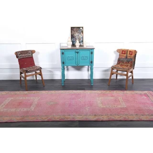 1970s vintage Turkish hand-knotted wool cotton pink runner rug 110x361