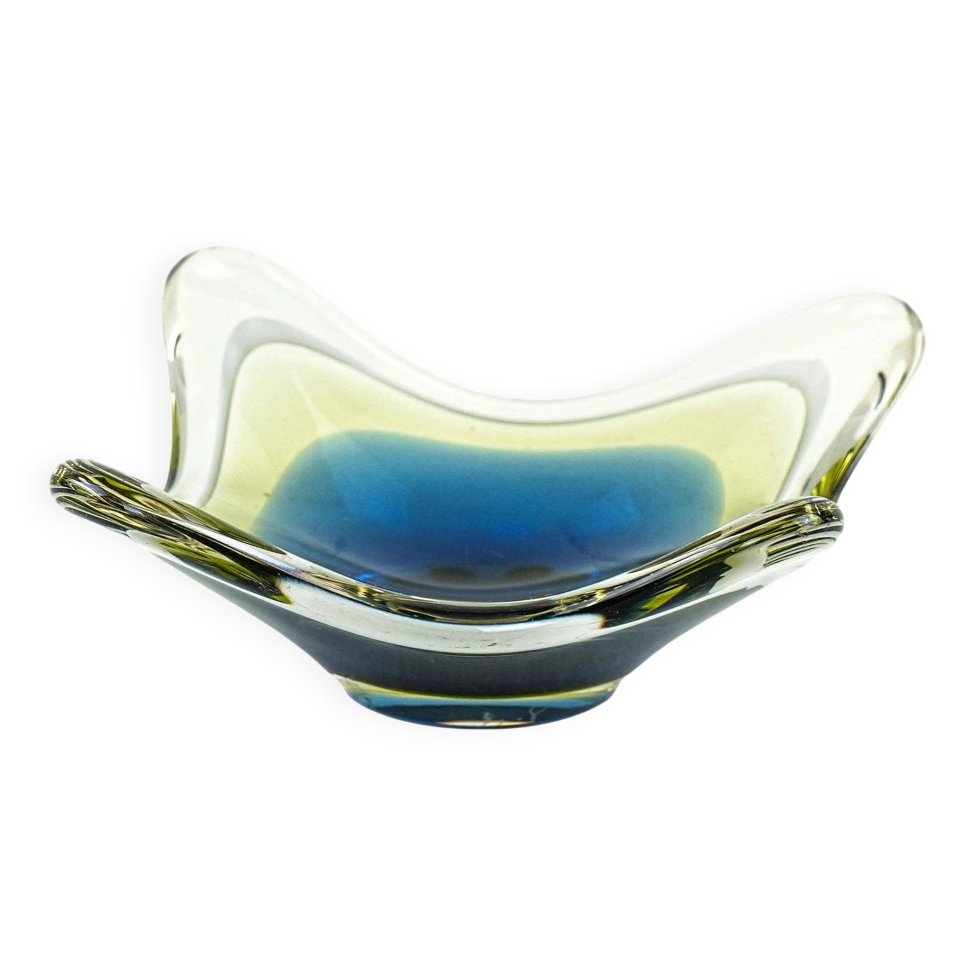 Art glass platter with organic form in blue and yellow, Europe, 1970s