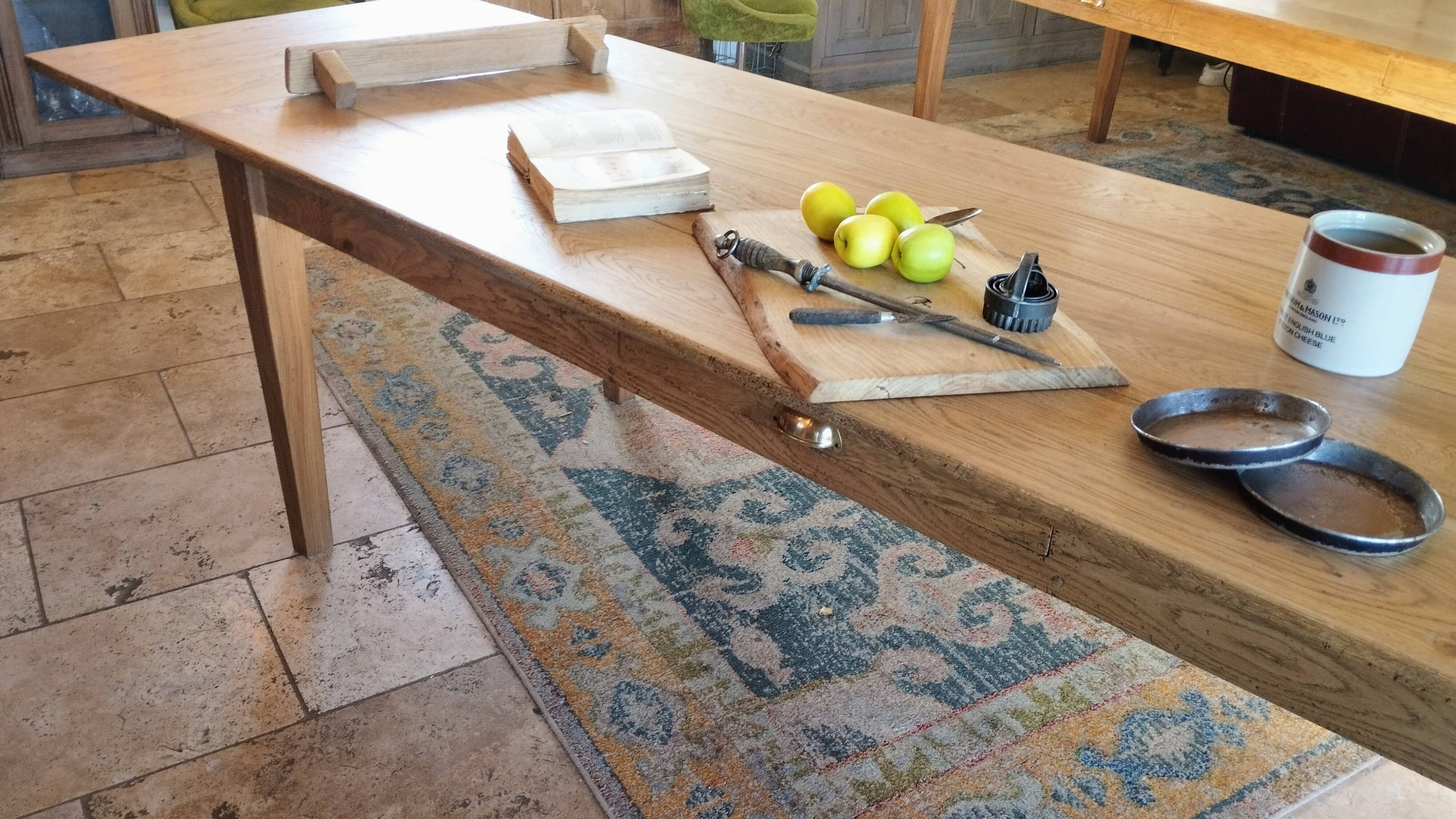 Solid oak farmhouse table with central drawer and extension