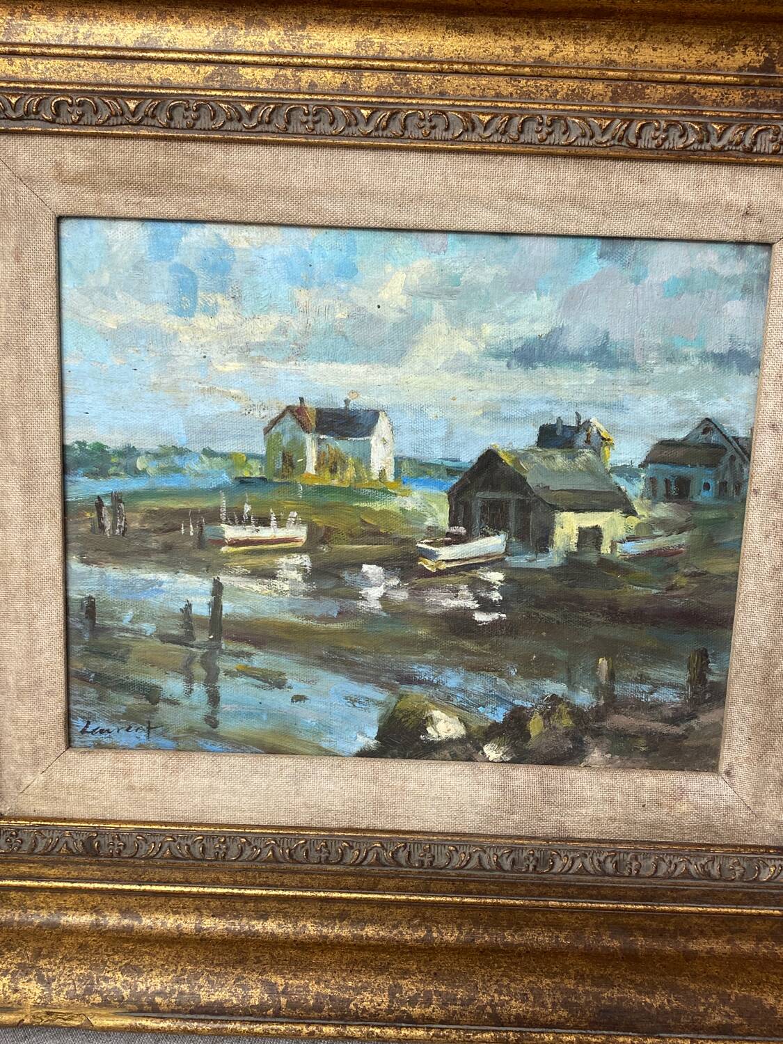 Oil on canvas, seaport scene