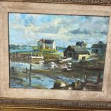 Oil on canvas, seaport scene
