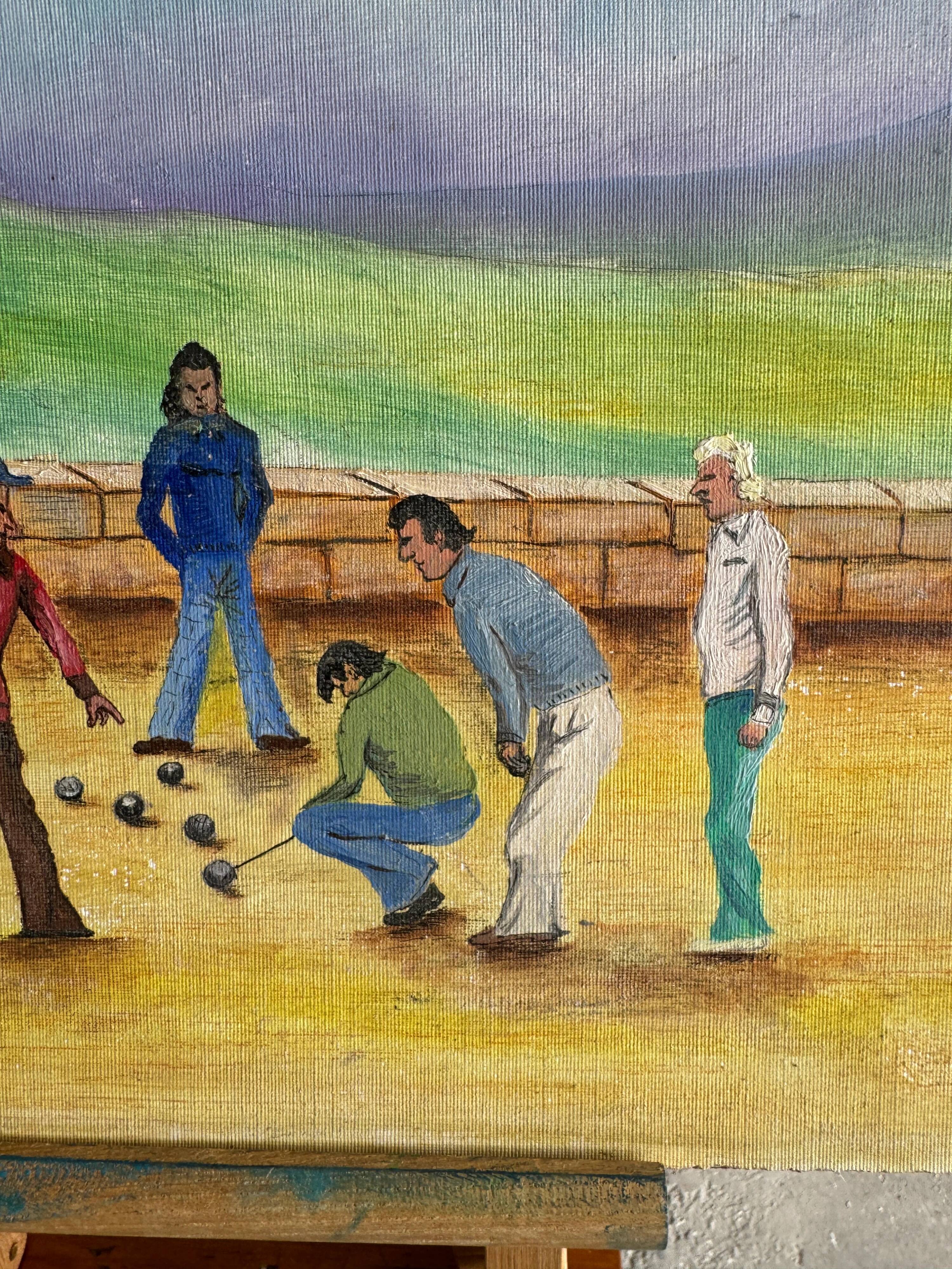 Jeux des Boules (1979) by Rossignol — Blue canvas painting, 61 x 38 x 3 cm, vintage French scene