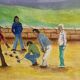 Jeux des Boules (1979) by Rossignol — Blue canvas painting, 61 x 38 x 3 cm, vintage French scene