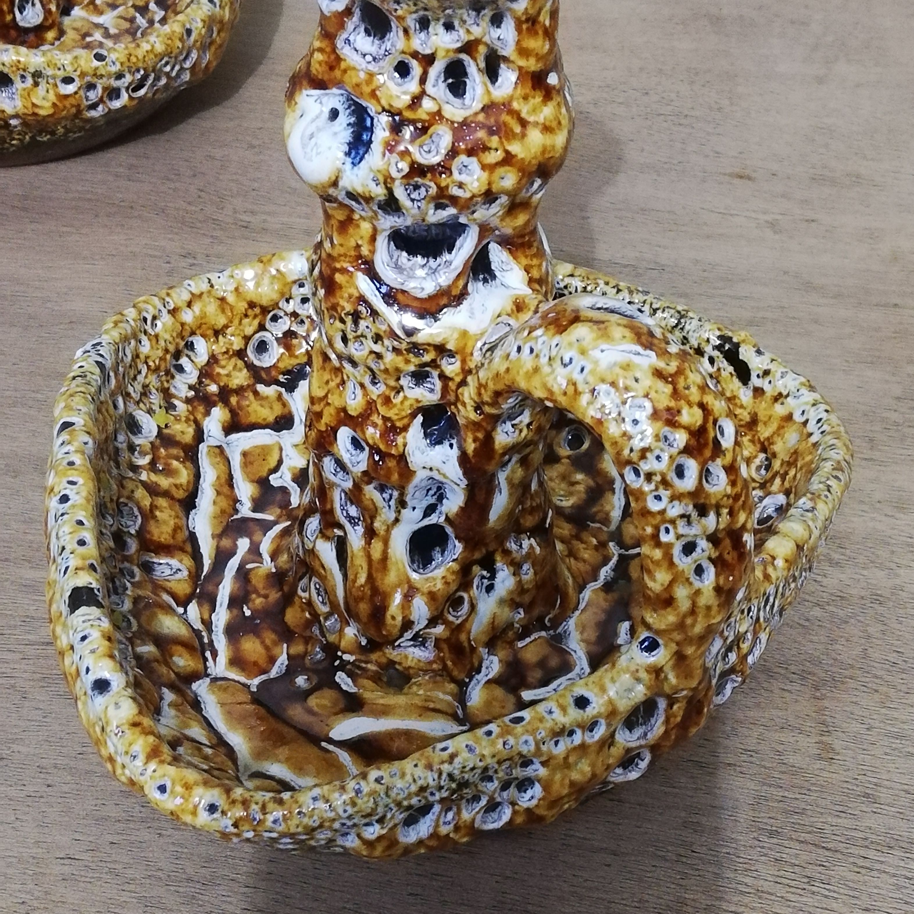 Pair of honey-colored Fat Lava ceramic candle holders