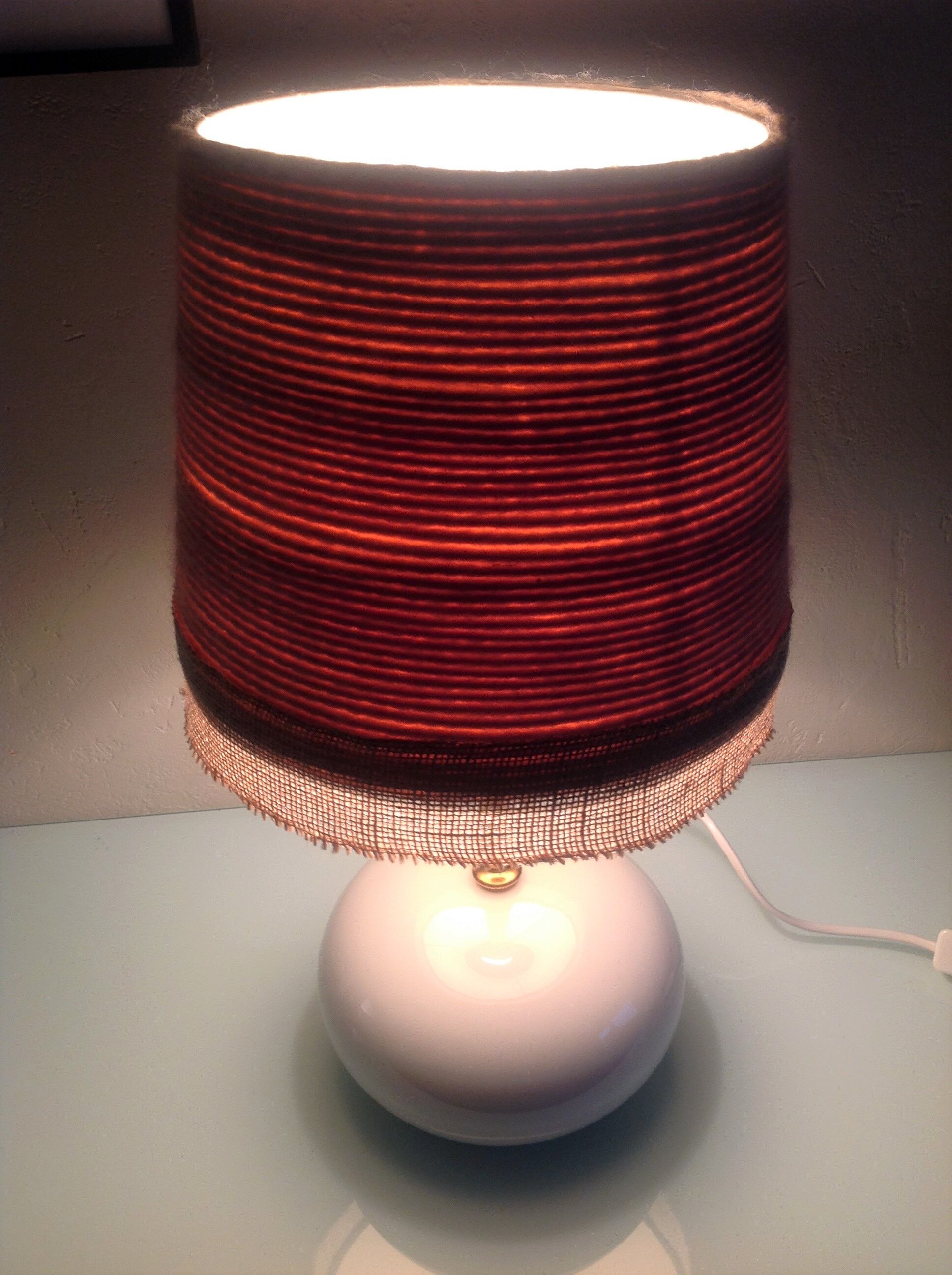 White ceramic ball lamp and beige wool lampshade / 70s