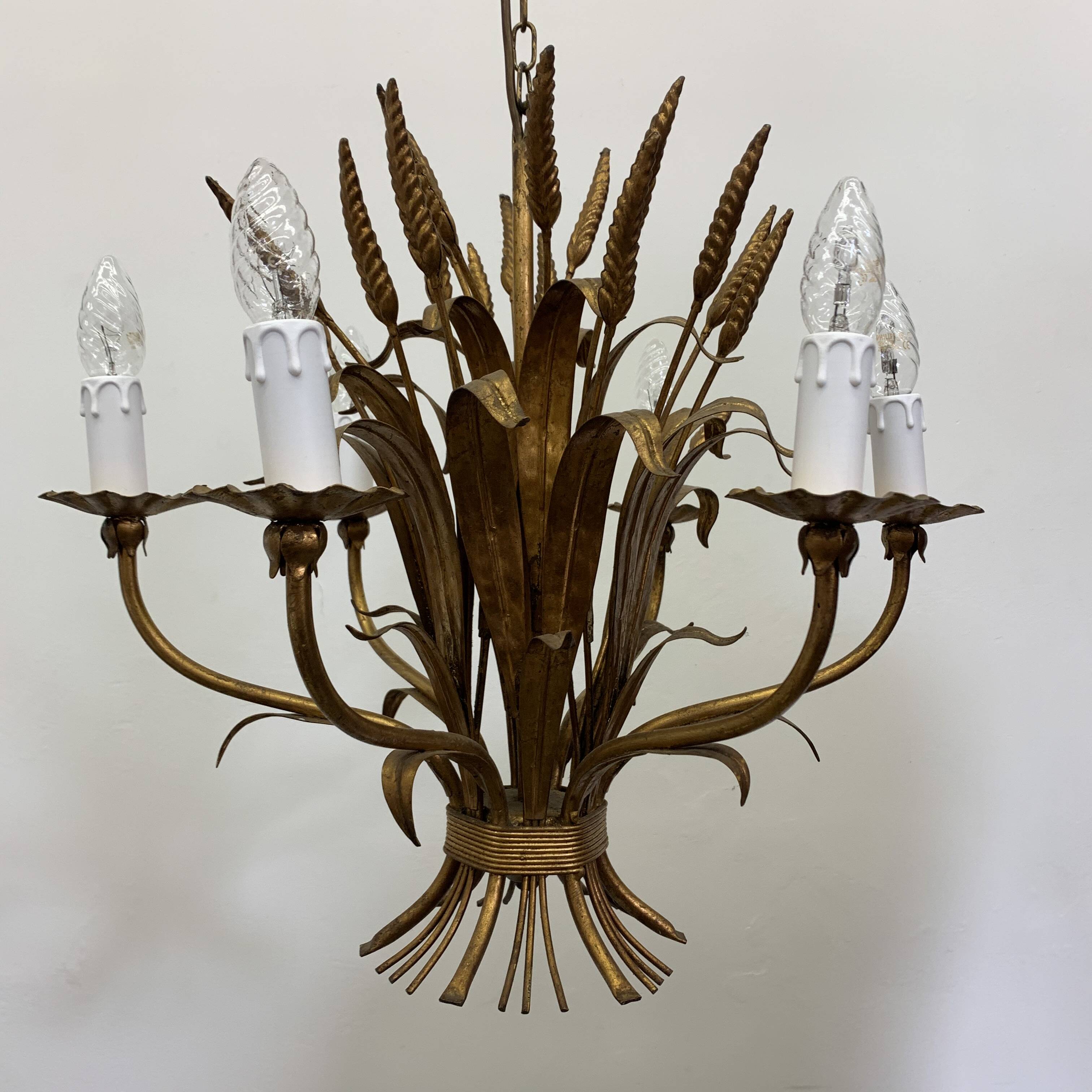 Large wheat sheaf leaf gold gilt chandelier, 1960’s