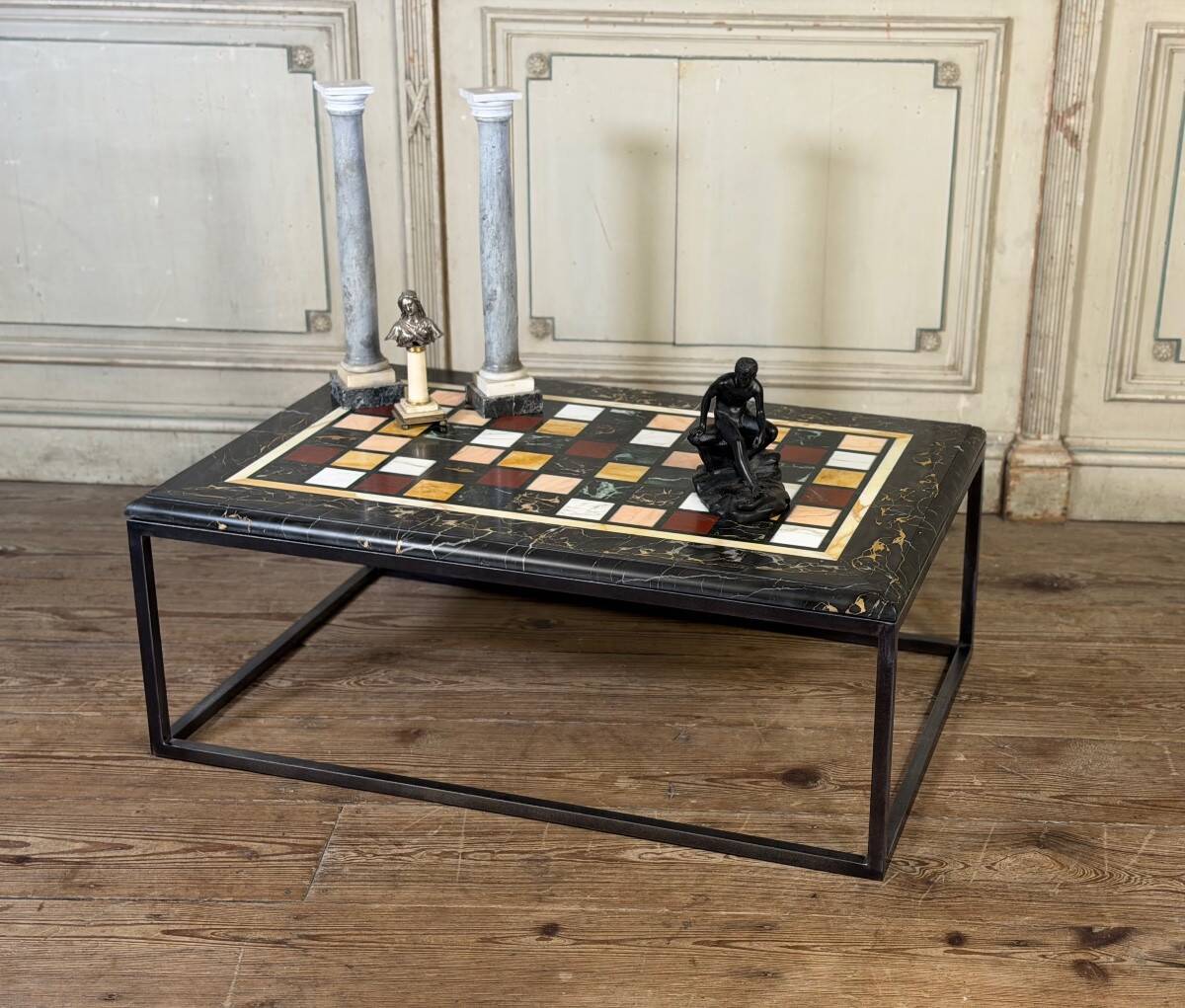 Coffee table, marble samples, custom metal base.