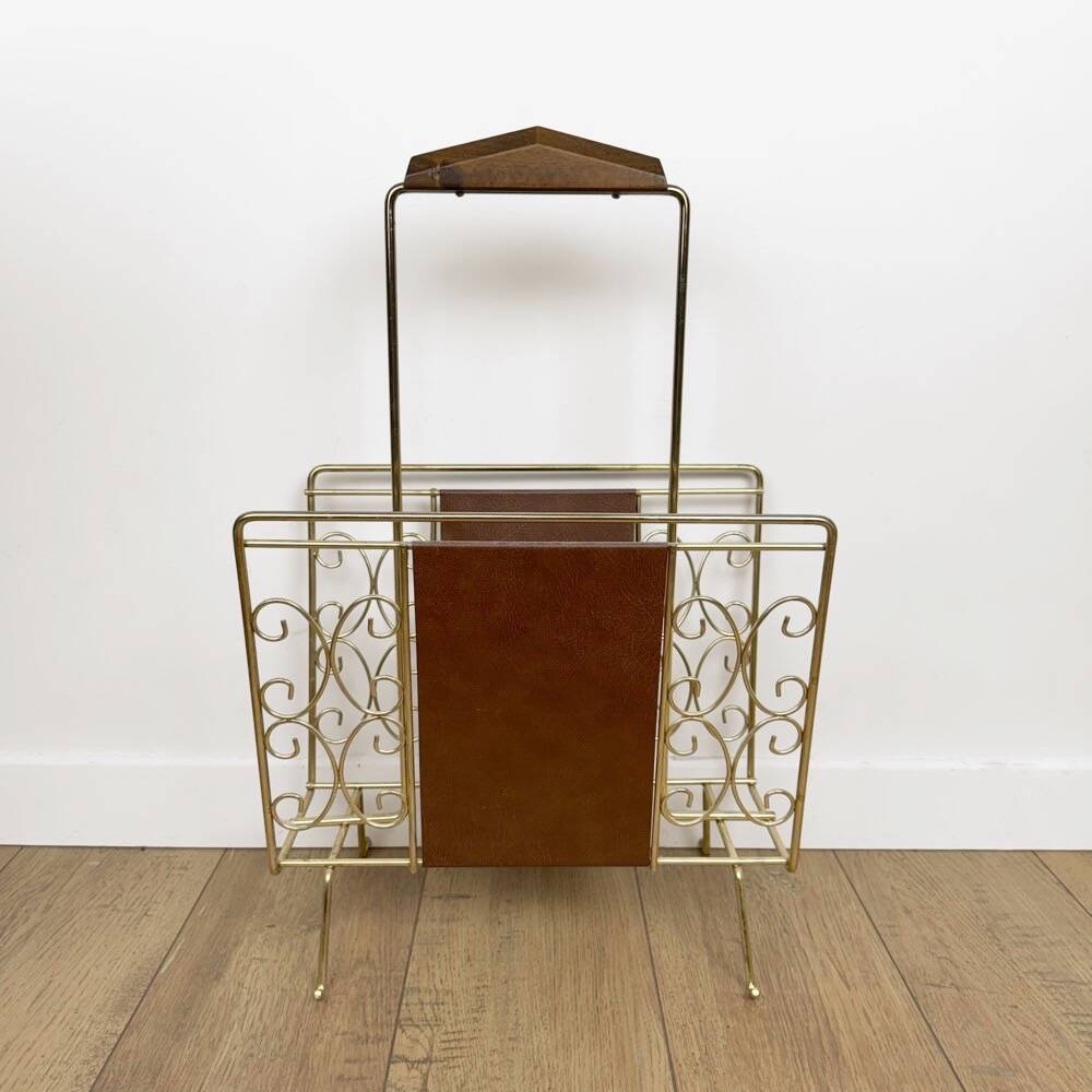 1960s faux leather and brass magazine rack