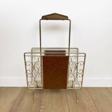 1960s faux leather and brass magazine rack