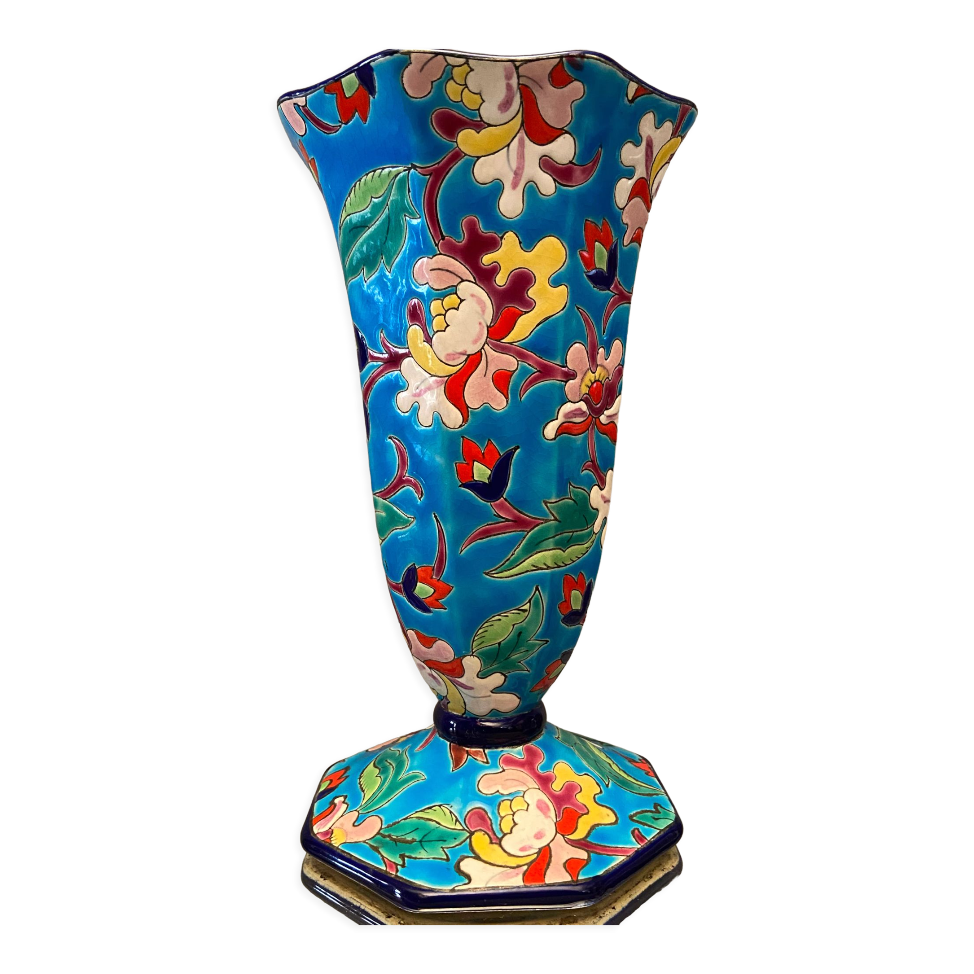 Faience cornet vase with floral decoration signed Emaux de Longwy