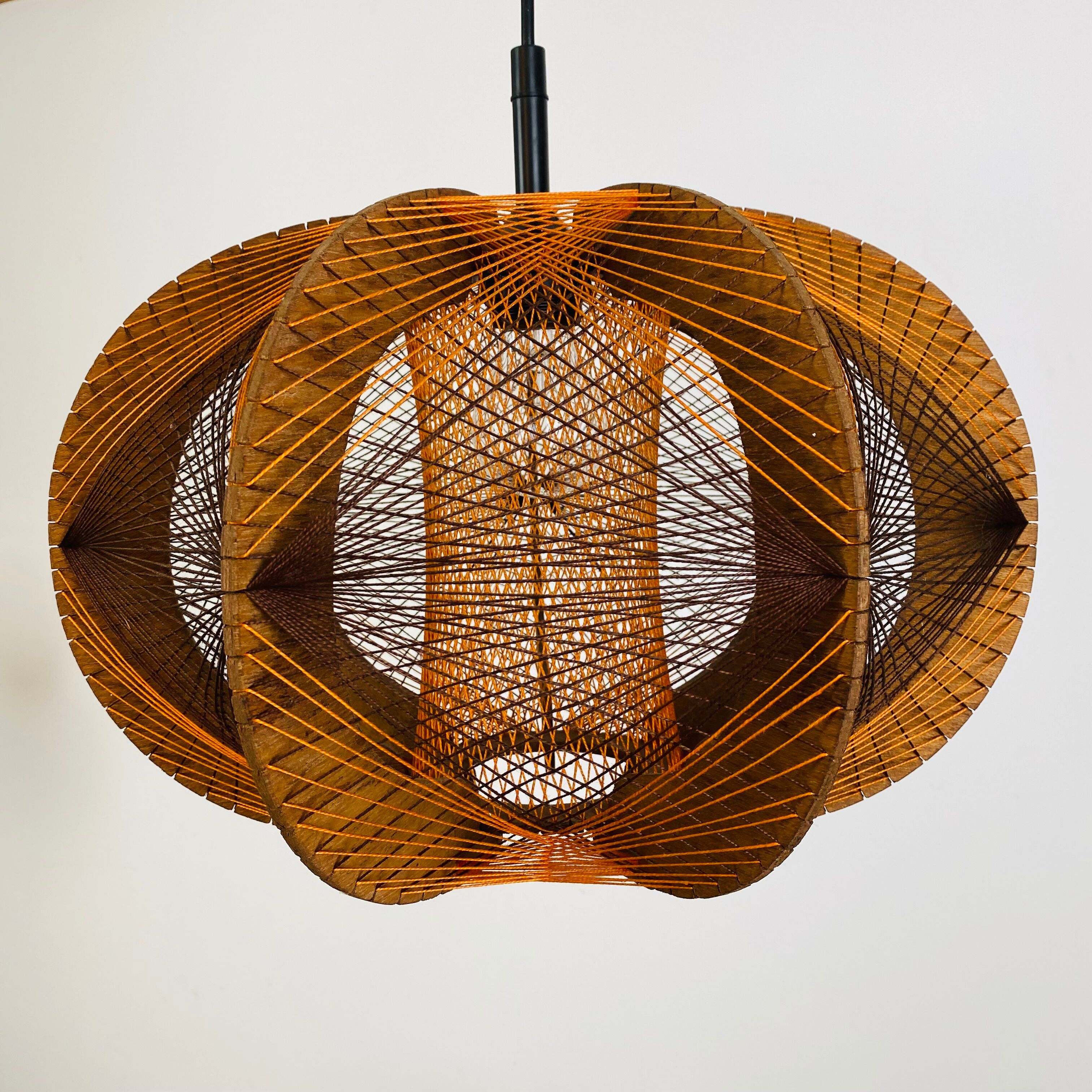 Scandinavian suspension lamp wood and wire 70s