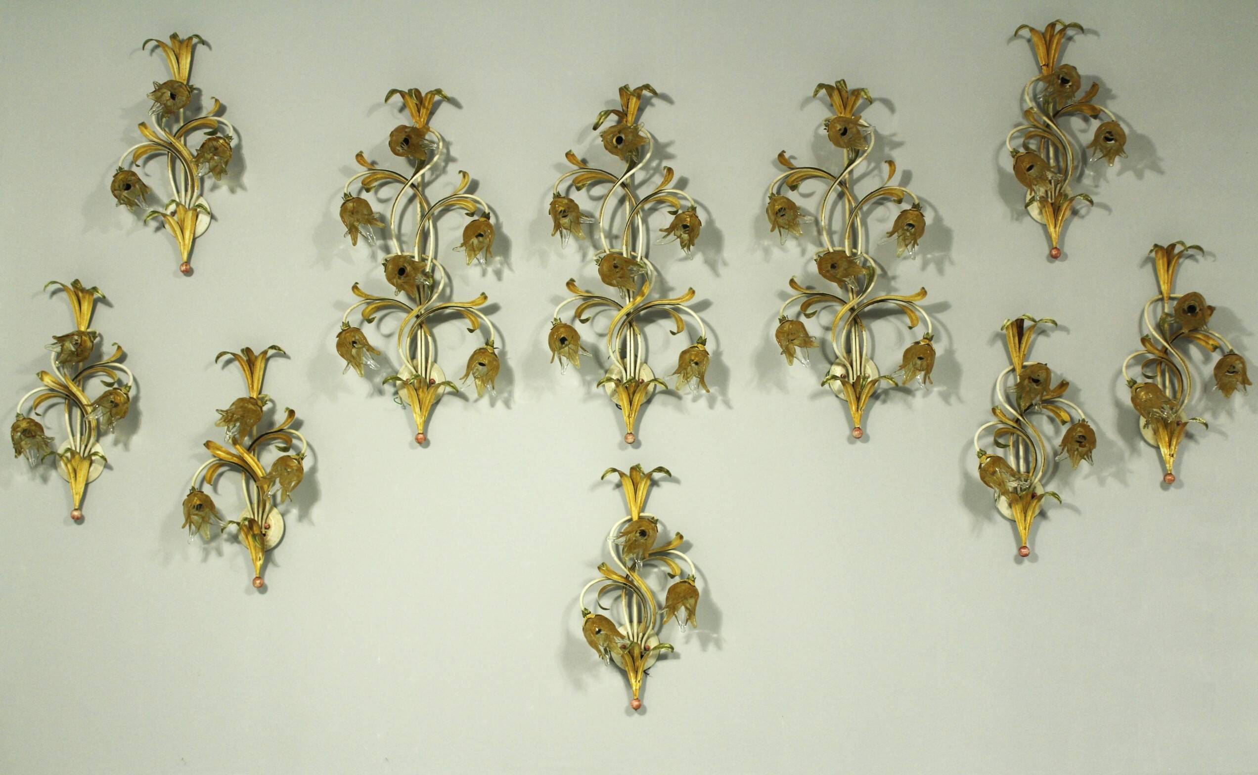Set of 10 Wall Lights from colored hand crafted iron and Murano glass