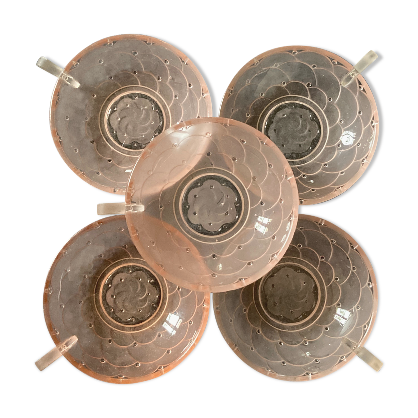 5 art deco cups pink old glass