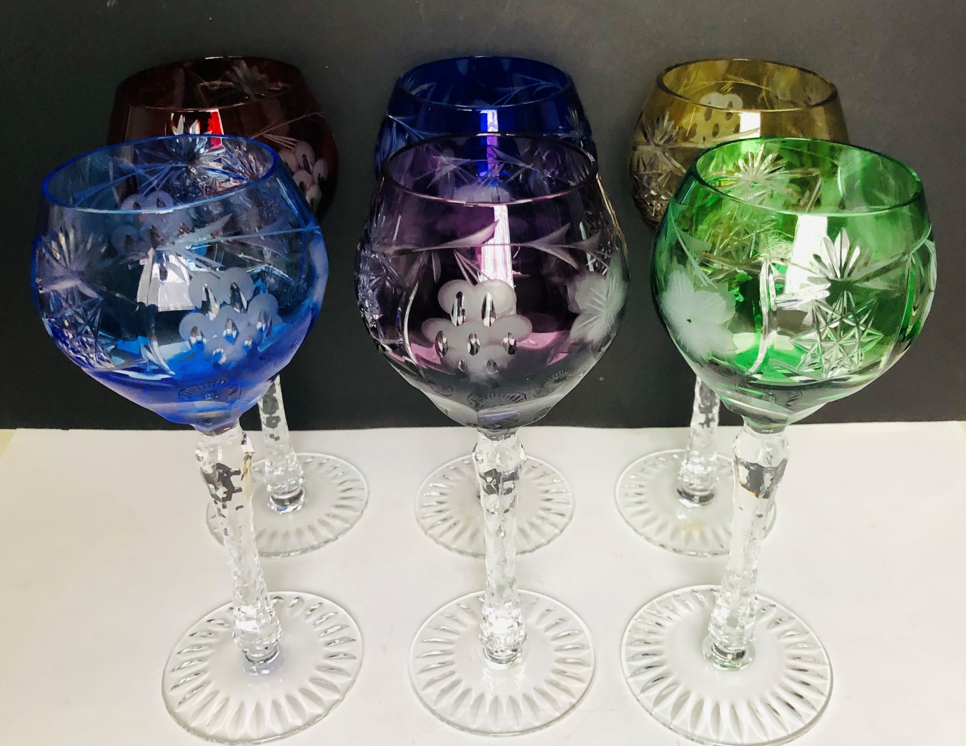 Set of six colored cut crystal wine glasses