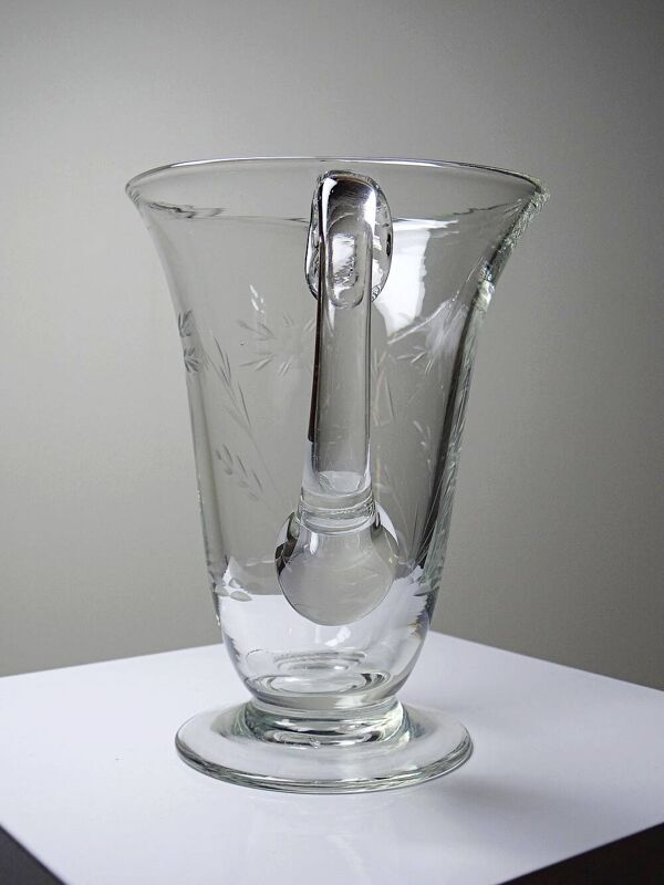 Pichet ancien en verre gravé à la roue décor végétal, Bohême, début XXe