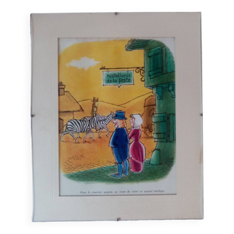 Superbe et rare gravure sous verre signee rene chag , theme "la poste"