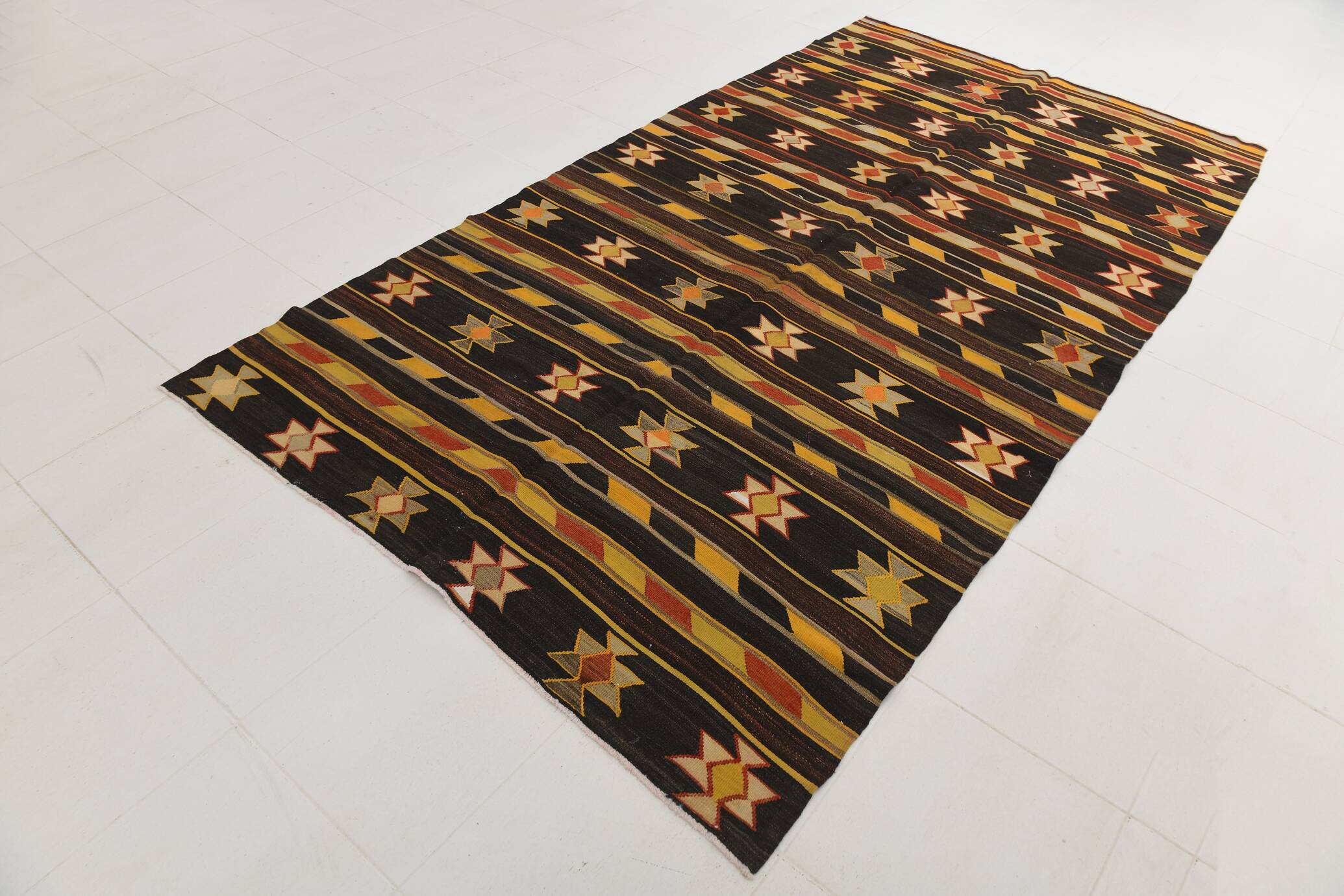6x10 Black & Yellow Turkish Wool Kilim Rug,Area Kilim Rug 170x312 Cm