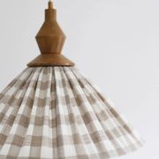"Olga" pleated pendant light in beige checked fabric and turned wood finish