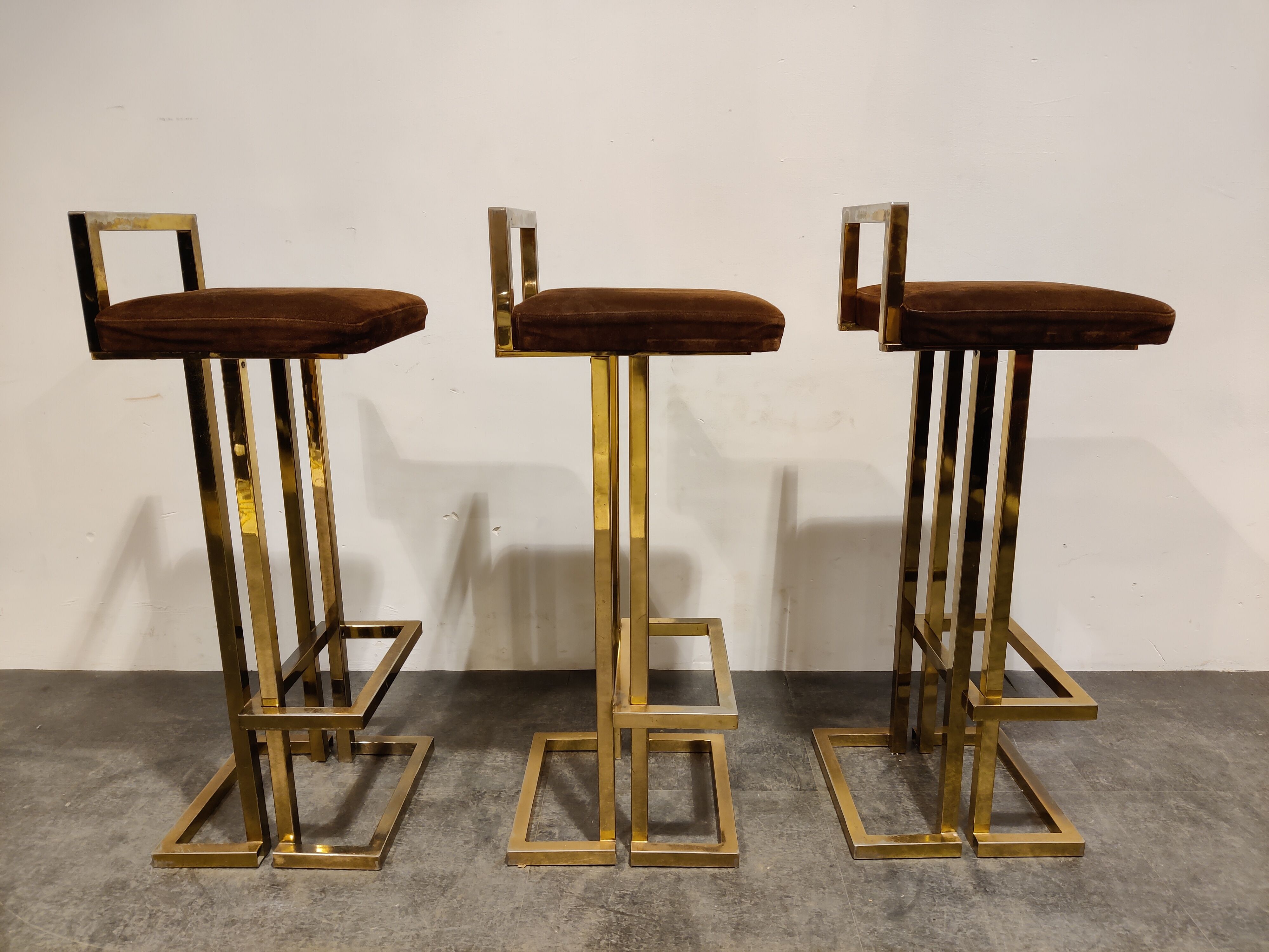 Belgochrom brass bar stools, set of 3, 1970s