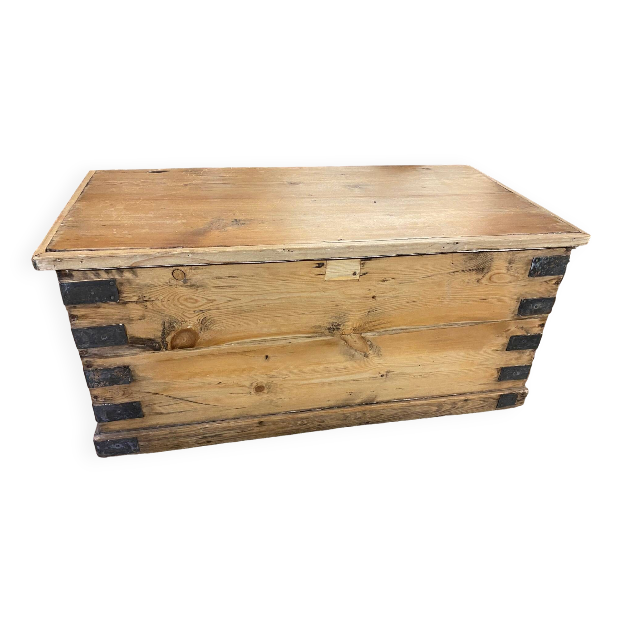Old trunk in natural pine wood with padded interior