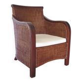 Vintage - Beau fauteuil de style colonial - rotin et bois exotique - années 80 -avec coussins