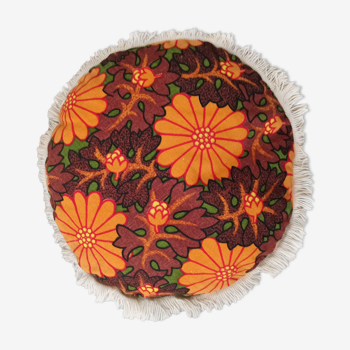 Coussin rond année 70 vintage franges