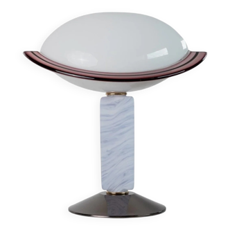 Blue Murano Glass Table Lamp with Dark Chrome Metal Base and Blackberry Stripe Shade – 1980s Memphis-Style Italy