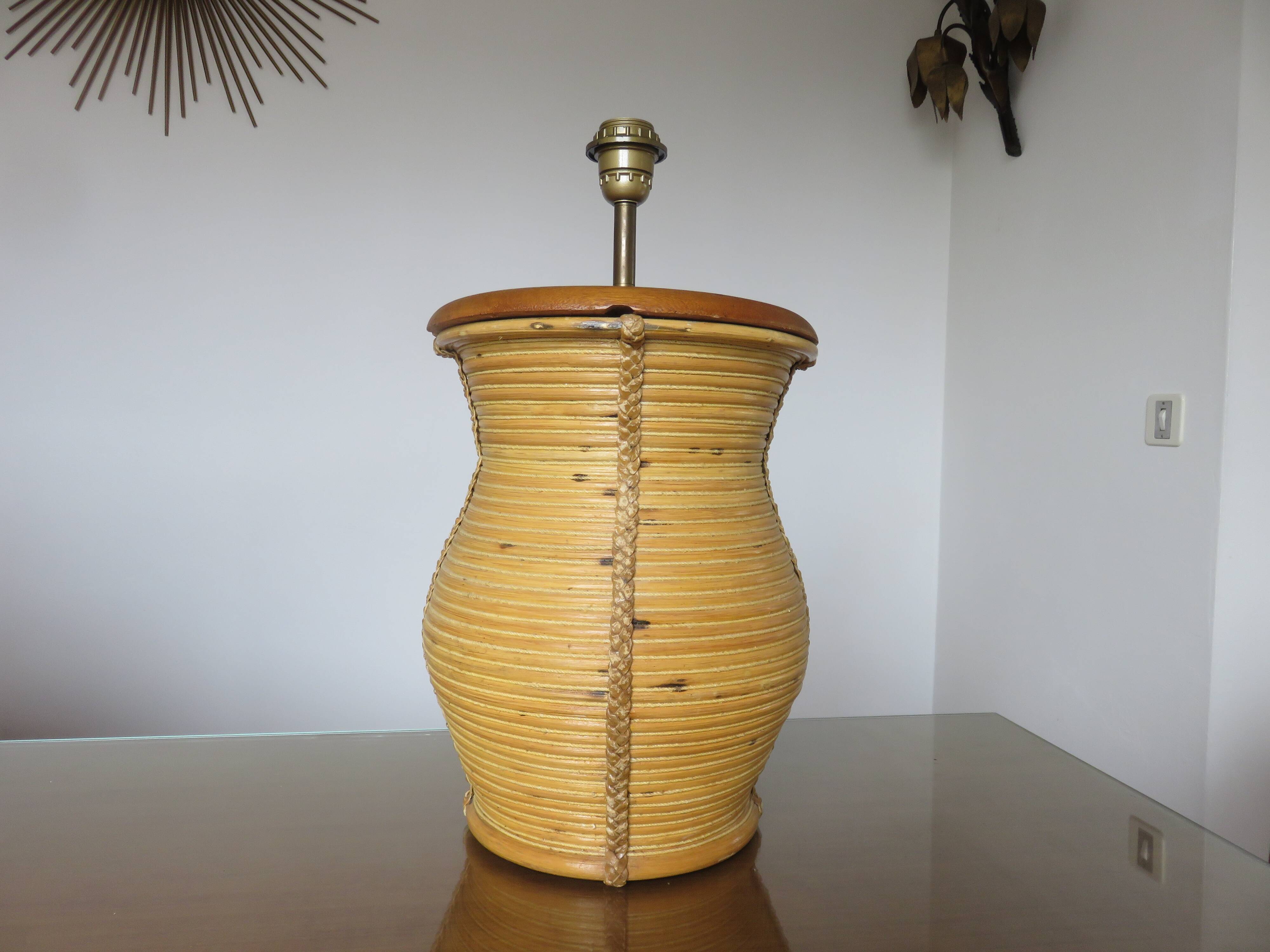 Rattan, leather, rope, and wood lamp in the style of Gabriella Crespi 60-70.