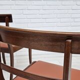 1970s, reupholstered set of 6 pcs Danish dining chairs, teak wood, camel brown leather.