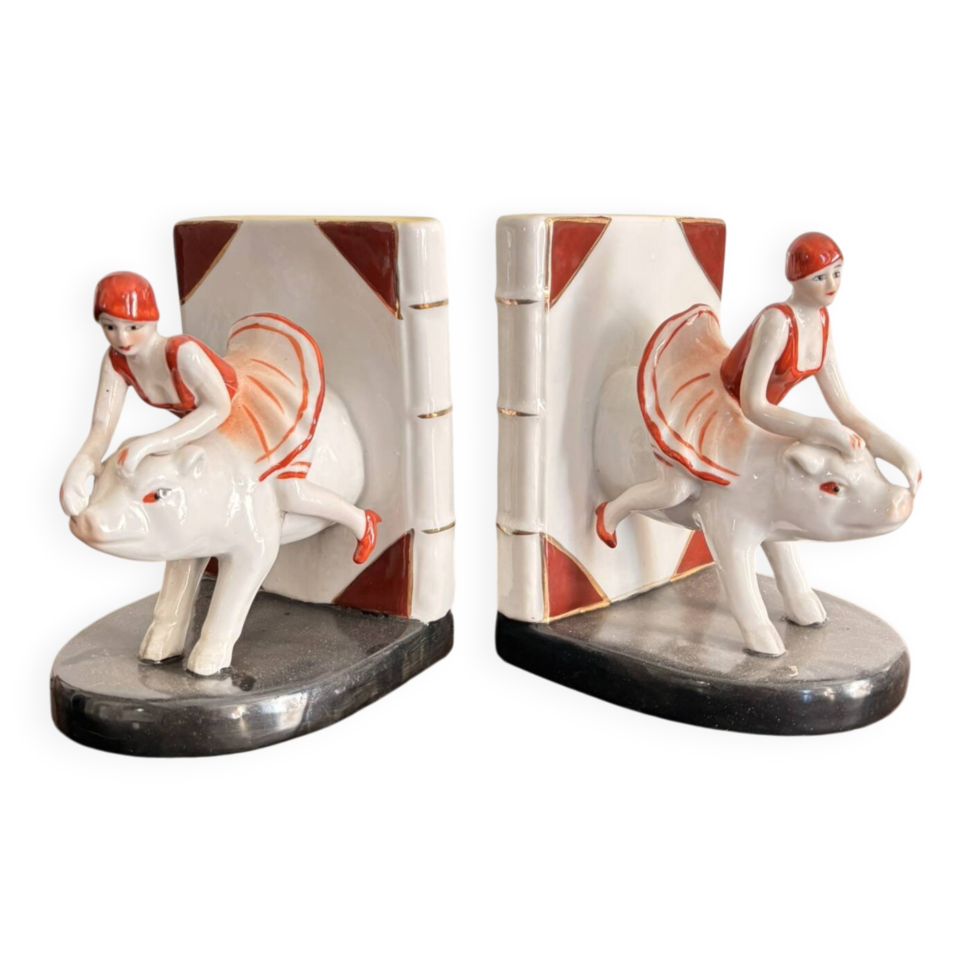 Old Pair of Bookends Porcelain White Girl Woman Equestrian Pig Art