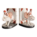 Old Pair of Bookends Porcelain White Girl Woman Equestrian Pig Art