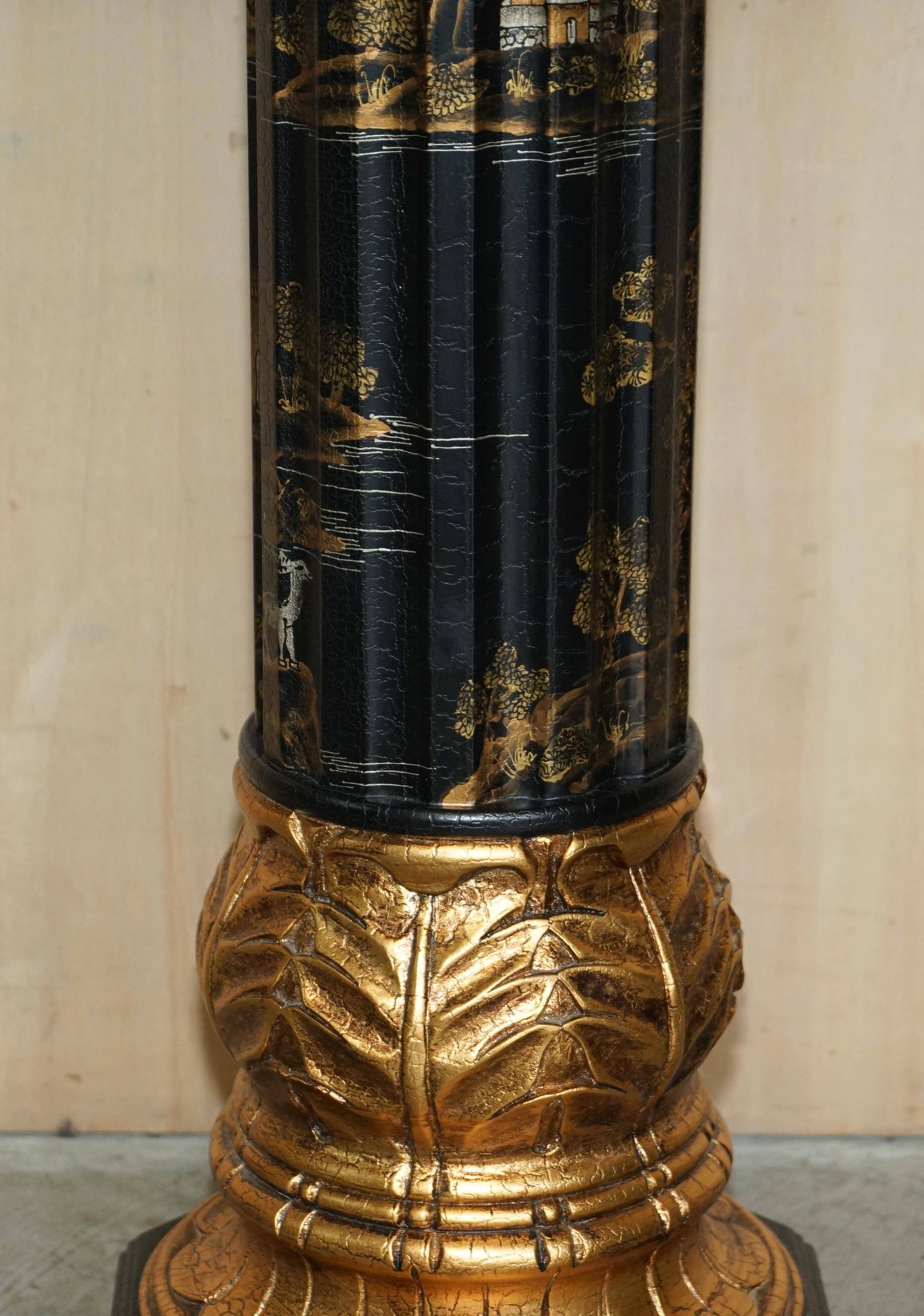 Pair of lacquered torchère columns in Chinoiserie neoclassical style.