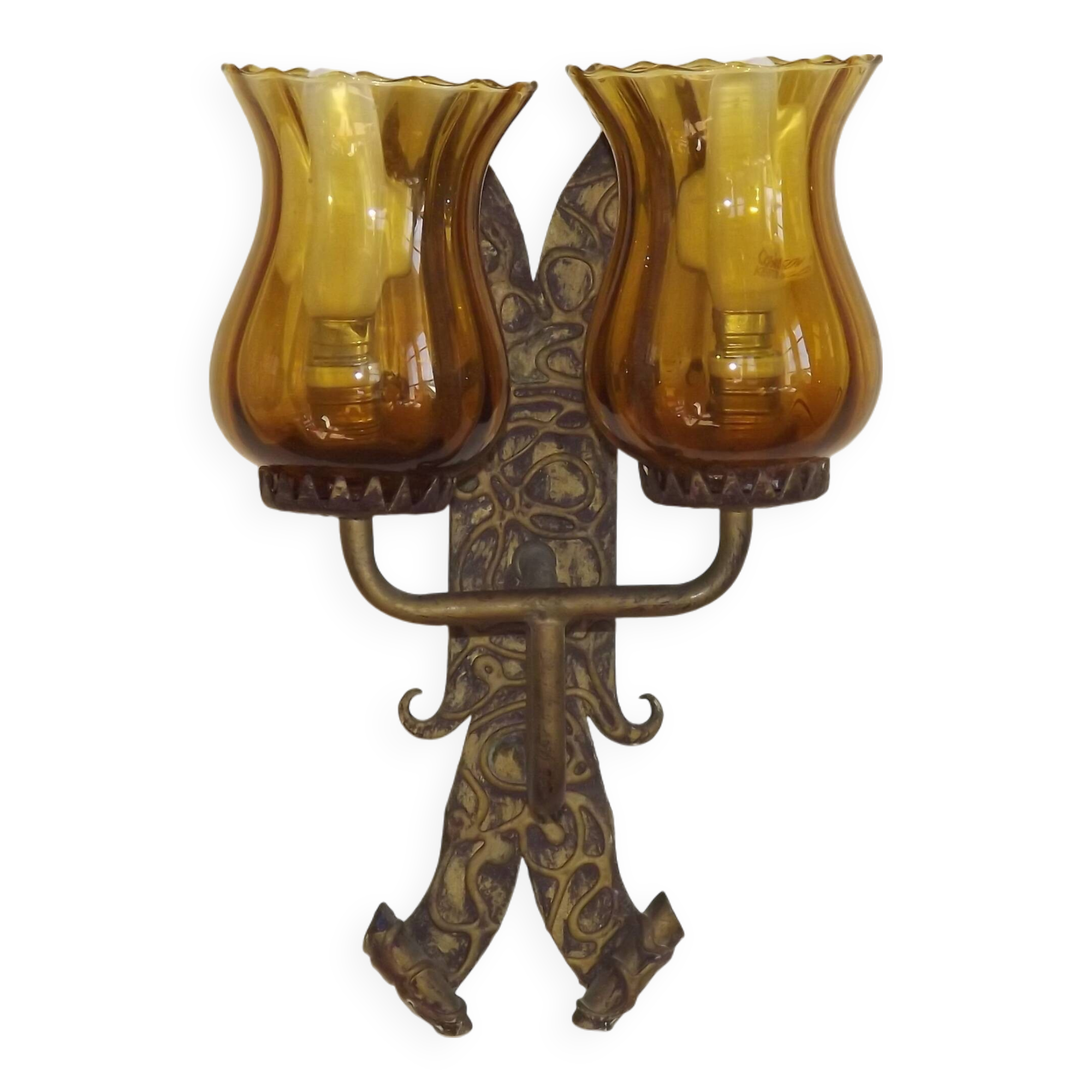 Double Hand Forged Wrought Iron Medieval Style Wall Light with Amber Glass Shade