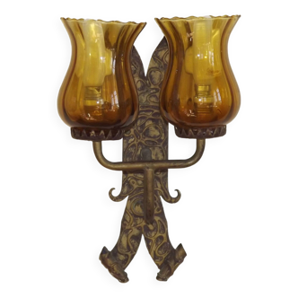 Double Hand Forged Wrought Iron Medieval Style Wall Light Amber Glass Shade