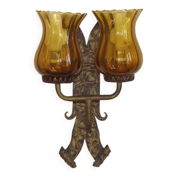 Double Hand Forged Wrought Iron Medieval Style Wall Light Amber Glass Shade