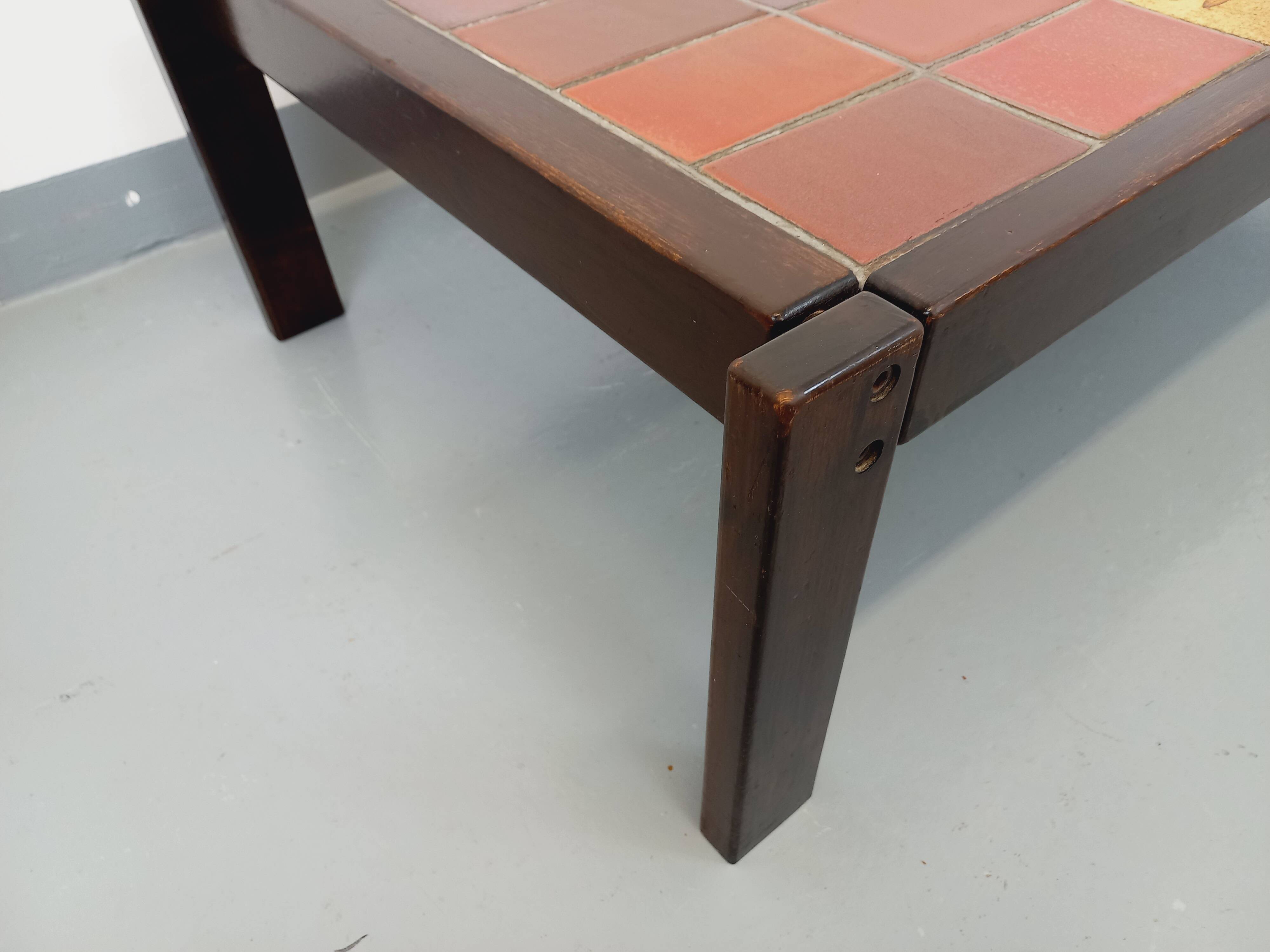 Vintage Roger Capron coffee table in dark wood and Vallauris ceramic from the 60s 70s