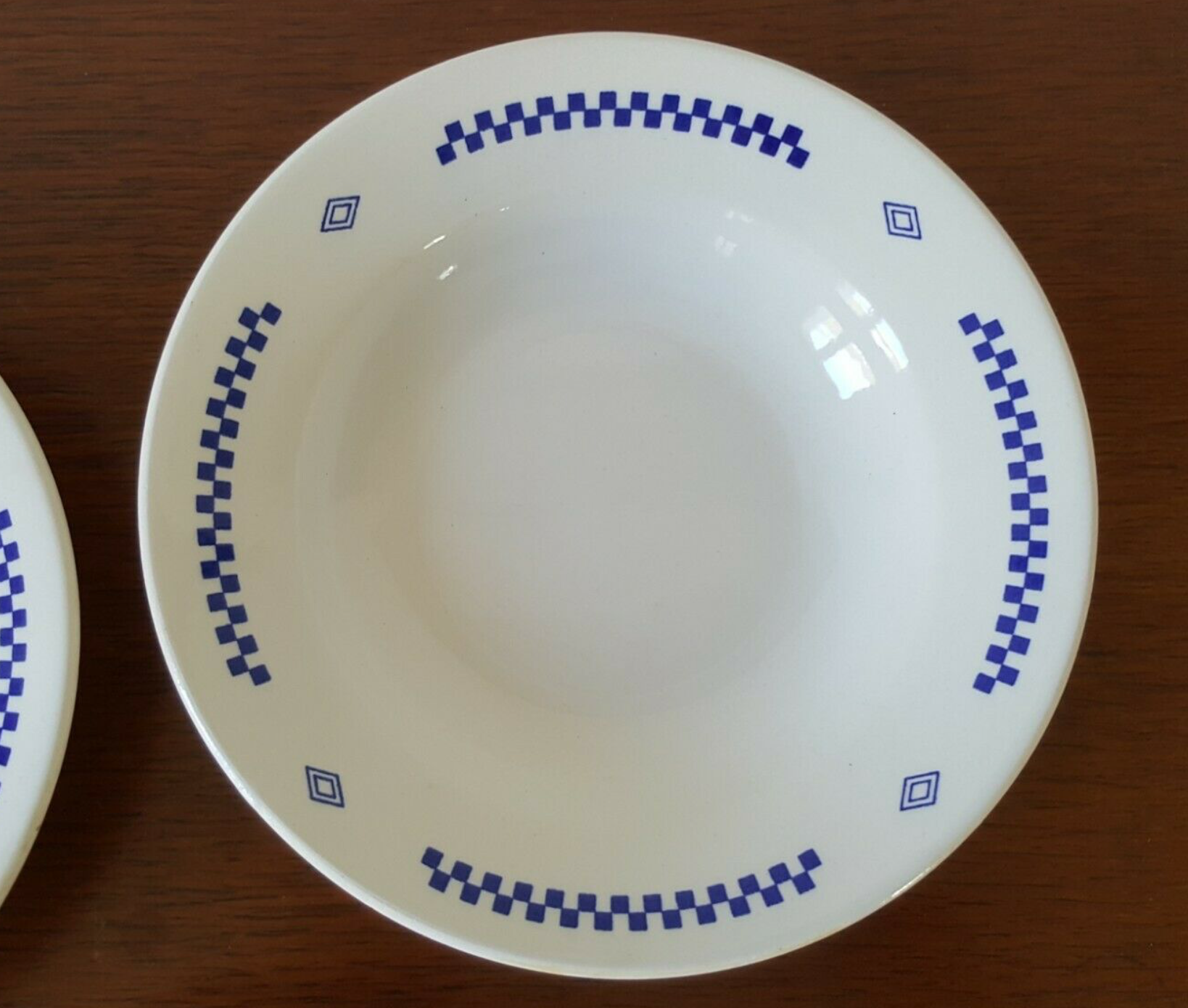 Hollow plates in earthenware Lustucru décor vintage checkerboard blue tiles