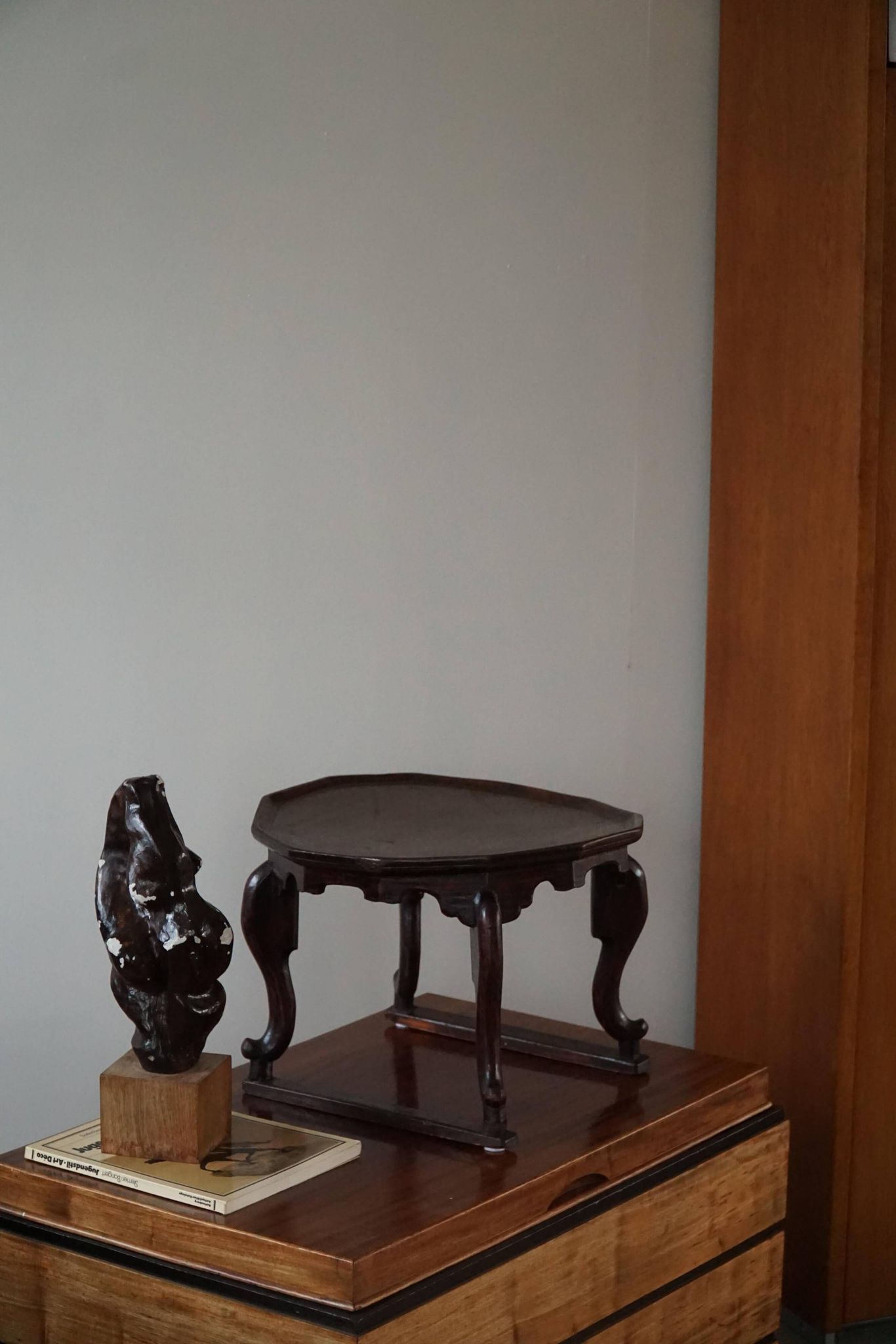 Organic Art Deco side table / solid stained wood stool, 1940s