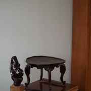 Organic Art Deco side table / solid stained wood stool, 1940s
