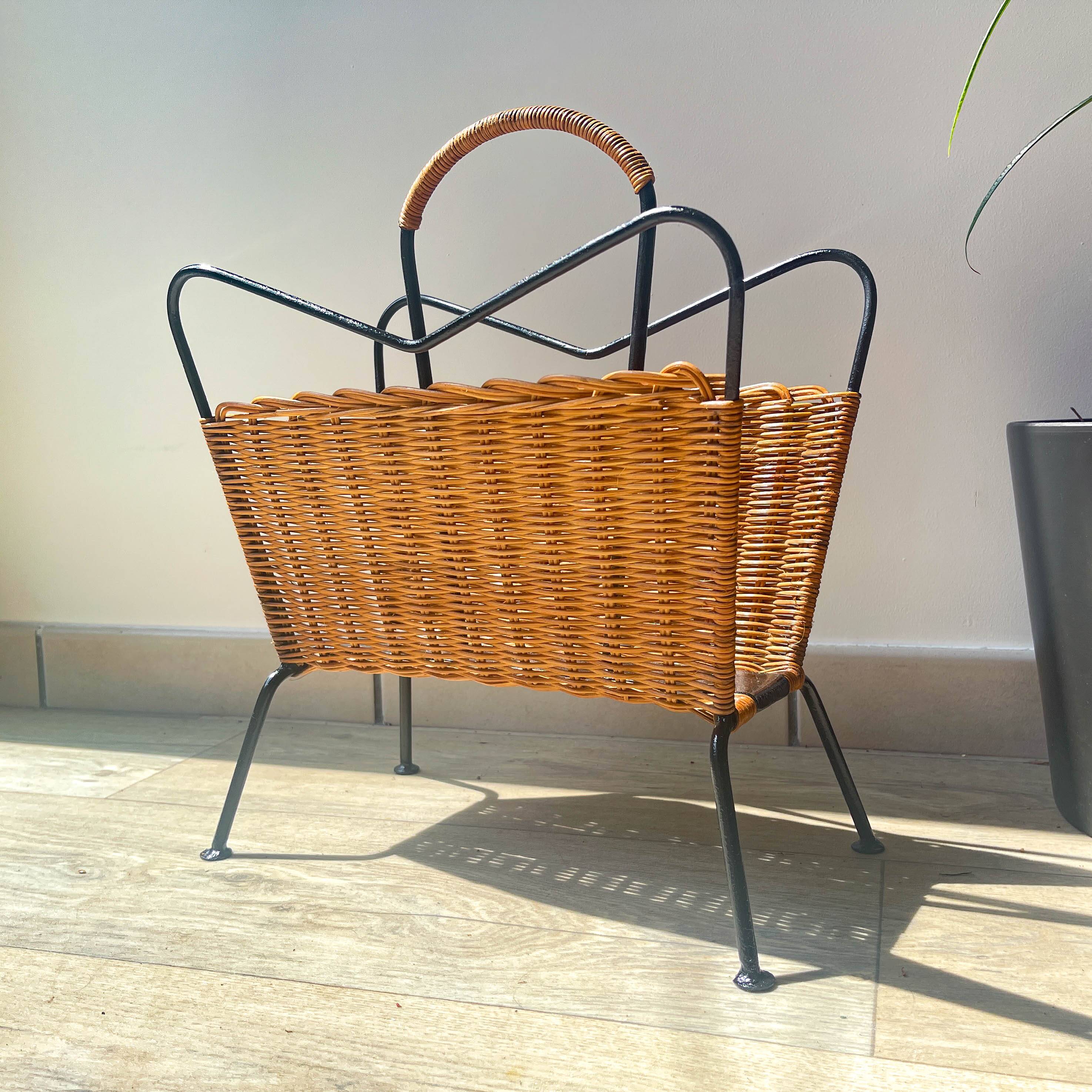 Vintage wicker and metal magazine rack 1970