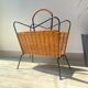Vintage wicker and metal magazine rack 1970